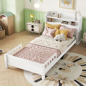 White Solid Wood Children's Bed With <b>Storage</b> Shelf And Guardrail For Bedroom <b>Kids</b> Furniture - Product Image 2