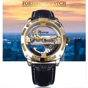 ForXining นาฬิกาข้อมือสำหรับผู้ชายดีไซน์แบบใสสองด้านสีทองดูทันสมัยดูหรูหราอัตโนมัติของขวัญ - Product Image 2