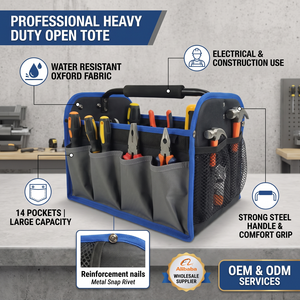 Value-Grade Oxford Water Resistant <b>Tool</b> <b>Bag</b> Electrical Construction Heavy Duty Car Detailing Open Tote OEM ODM 10-14 Pockets - Product Image 1