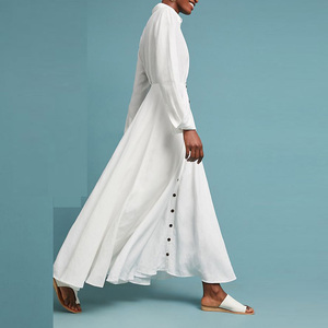 Abito chemisier <span class=keywords><strong>lungo</strong></span> in lino <span class=keywords><strong>bianco</strong></span> casual autunnale da donna, a maniche lunghe, <span class=keywords><strong>con</strong></span> bottoni frontali, in lino naturale morbido e traspirante, <span class=keywords><strong>con</strong></span> tasche, vestibilità ampia - Product Image 1