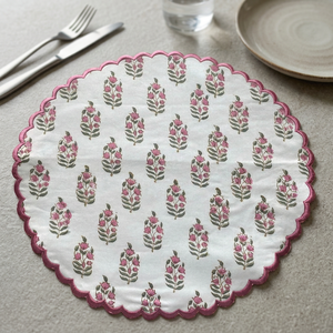 Napperons de table décoratifs réutilisables en tissu 100% pur coton écologique, imprimés à la main au bloc, motif floral indien vert, uniforme rose Punch, classiques - Product Image 2