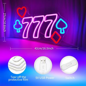 Panneau néon LED rose 777 Casino, décoration murale pour salle de poker, fête d'anniversaire, alimenté par USB, forme rectangulaire - Product Image 4