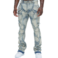 XJYD Vêtements Homme Personnalisés Jeans Évasés Détruits Style Vintage Délavé Hip Hop Jean Laser Bleu Clair Superposé