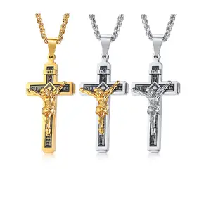 Cruz de acero inoxidable colgante collares para hombres crucifijo INRI oración cristiana Collar suerte accesorio católica Jesús de la joyería