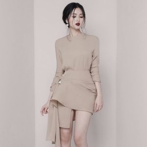 Style européen et Américain 2019 Femmes Noir <span class=keywords><strong>Robe</strong></span> Col Rond À Manches Longues Deux Pièces Irrégulière <span class=keywords><strong>Robe</strong></span> <span class=keywords><strong>Moulante</strong></span> - Product Image 1