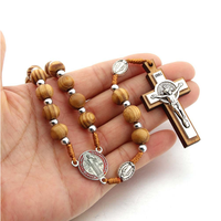 Chapelet en bois Komi vintage avec centre Vierge Marie, perles, croix, crucifix, pendentif, bijoux de prière, collier