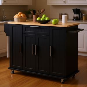 Carrello da Cucina Moderno Nero con Piano in Legno Naturale, 1 Cassetto e Mobiletto, Unità di Stoccaggio Mobile per Cucina - Product Image 2