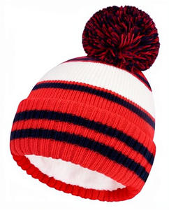 Bonnet rayé avec pompon rouge, bleu marine et blanc, tricoté, hiver, unisexe, adulte, décontracté, extérieur, 100% acrylique - Product Image 1