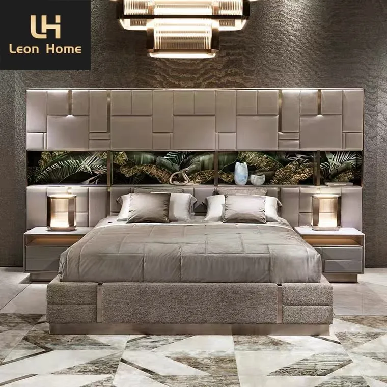 Set kamar tidur mewah Modern terbaru Italia furnitur High End Double Bed Headboard besar ranjang ukuran King