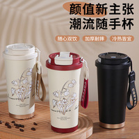 Tasse à café femme fleur 500ml 316 acier inoxydable fiole à vide paille et directement potable isolé gobelet thermique tasse