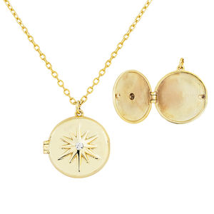 <strong>Large</strong> CZ Starburst Photo <strong>Locket</strong> Pendant Box Chain 925 Sterling <strong>Silver</strong> Gold Plated Necklace - Product Image 1