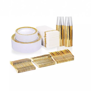 Ensemble de 350 assiettes jetables en plastique rigide <span class=keywords><strong>avec</strong></span> bord doré et cuillères, vaisselle pour fêtes, incluant des assiettes creuses pour fruits - Product Image 2