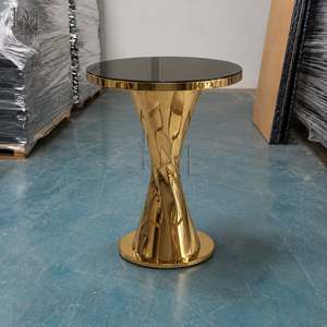 Round Cocktail <b>Table</b> for Banquet Halls with Gold Stainless Steel Sculpted Hourglass Base and Mirrored Tempered Glass Top - Product Image 2