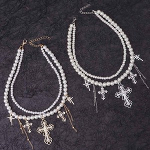 Collar de Perlas de Doble Capa con Cruz, Gargantilla de Aleación de Zinc Dorada con Colgante de Diamante, Joyería de Moda para Fiestas - Product Image 3