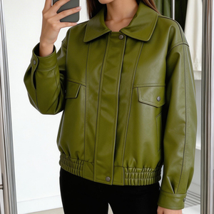 OFTBUY Nuova <span class=keywords><strong>Giacca</strong></span> Autunnale Verde in <span class=keywords><strong>Ecopelle</strong></span> da Donna, Modello Ampio a Maniche Lunghe con Orlo Elastico, Cappotto Biker Femminile in Pelle PU, Soprabito - Product Image 1