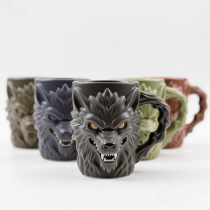 Tasse en céramique en forme de <span class=keywords><strong>loup</strong></span>-<span class=keywords><strong>garou</strong></span>-Tasse à café en porcelaine faite à la main avec design de créature mythique, logo personnalisé et couleur - Product Image 1