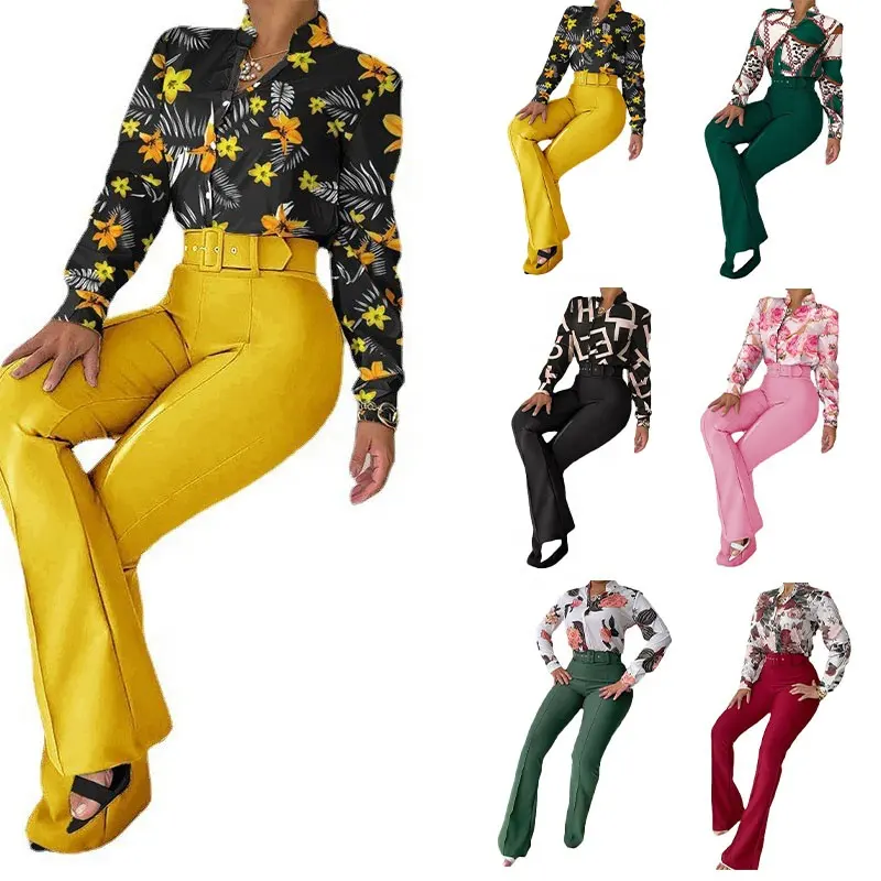 2022 Ladies Spring Printed Fabric Stand Collar Long Sleeve Shirts Women High Waist Wide Leg Pants and Blouse Set Two Piece Set