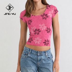 Nueva Camiseta de Verano con Estampado Playero, Cuello Redondo y Manga Corta, Camisetas de Rayón Acanalado Personalizadas para Mujer - Product Image 1