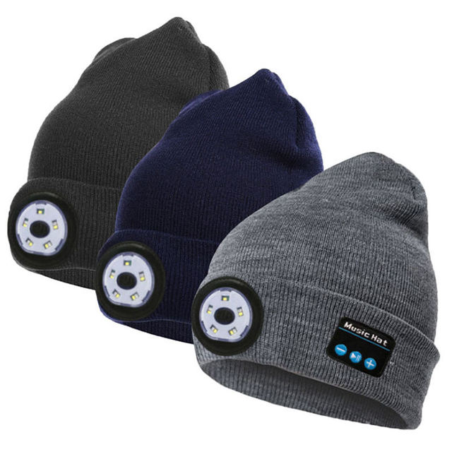 Reida Unisex Hat Headphones Beanie with LED Light Music Knitted Cap Built-in Speakers & Mic Earbuds for Running Hiking Sport