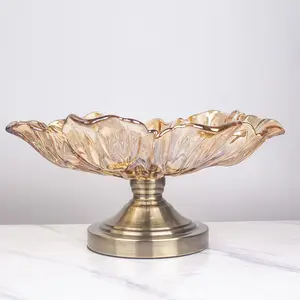Bandeja decorativa de fruta de cristal pequeña redonda moderna con soporte de cobre