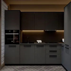 Vitrina de cocina de acero inoxidable con encimera de mármol, mueble de cocina de estilo agitador negro con diseño de línea