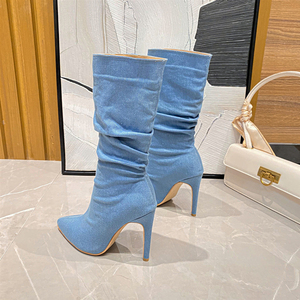 Nuovi <span class=keywords><strong>stivali</strong></span> da donna a maniche medie con <span class=keywords><strong>tacco</strong></span> alto sexy a punta con <span class=keywords><strong>tacco</strong></span> sottile di grandi dimensioni in denim europeo e americano - Product Image 4