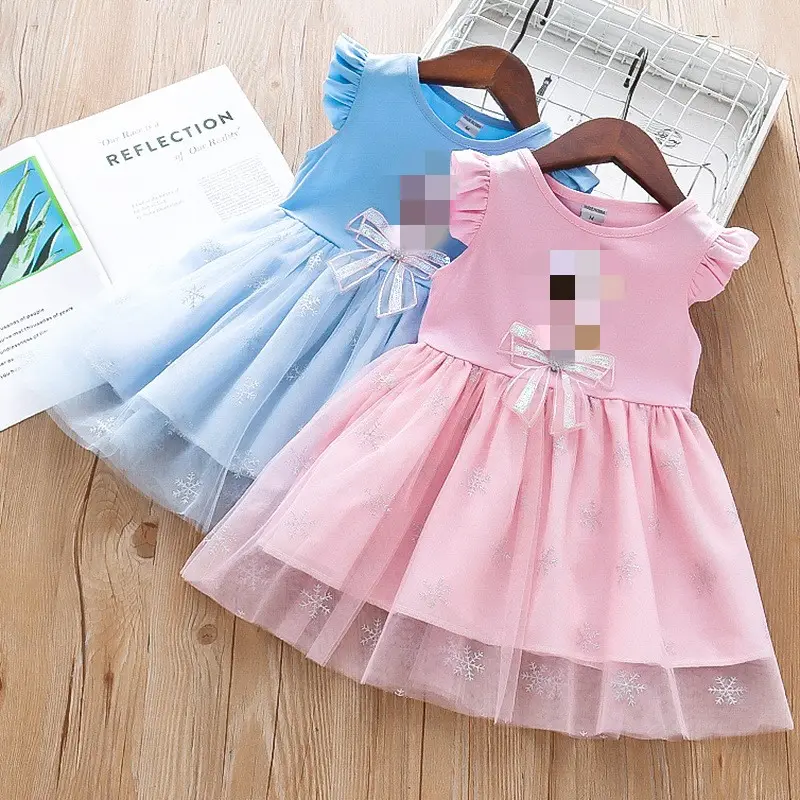 2022 Mais Recente Design Coreano 2 Anos Menina Algodão Tulle Snowflake Sequins Vestido Com Arco