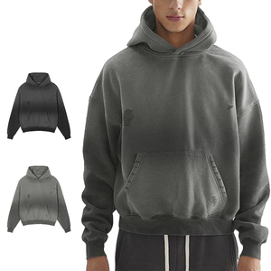 Sweat à capuche court en molleton de coton lavé KingSen Heavyweight, coupe décontractée, effet vieilli, streetwear pour homme - Product Image 2