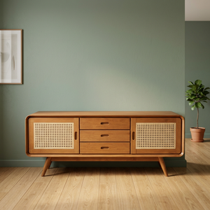 Arthamas Midcentury Modern Durable Wood Living Room Chair Rattan Panels Three Drawers Eco-Friendly Minimalist Design for Hotel - Product Image 3