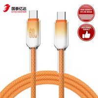 Kabel Pengisian Daya Super Cepat Crystal Clear 60W Tipe-C ke C Berbahan Nilon Kepang PD untuk Kamera, Konduktor Tembaga Murni, Panjang 1m