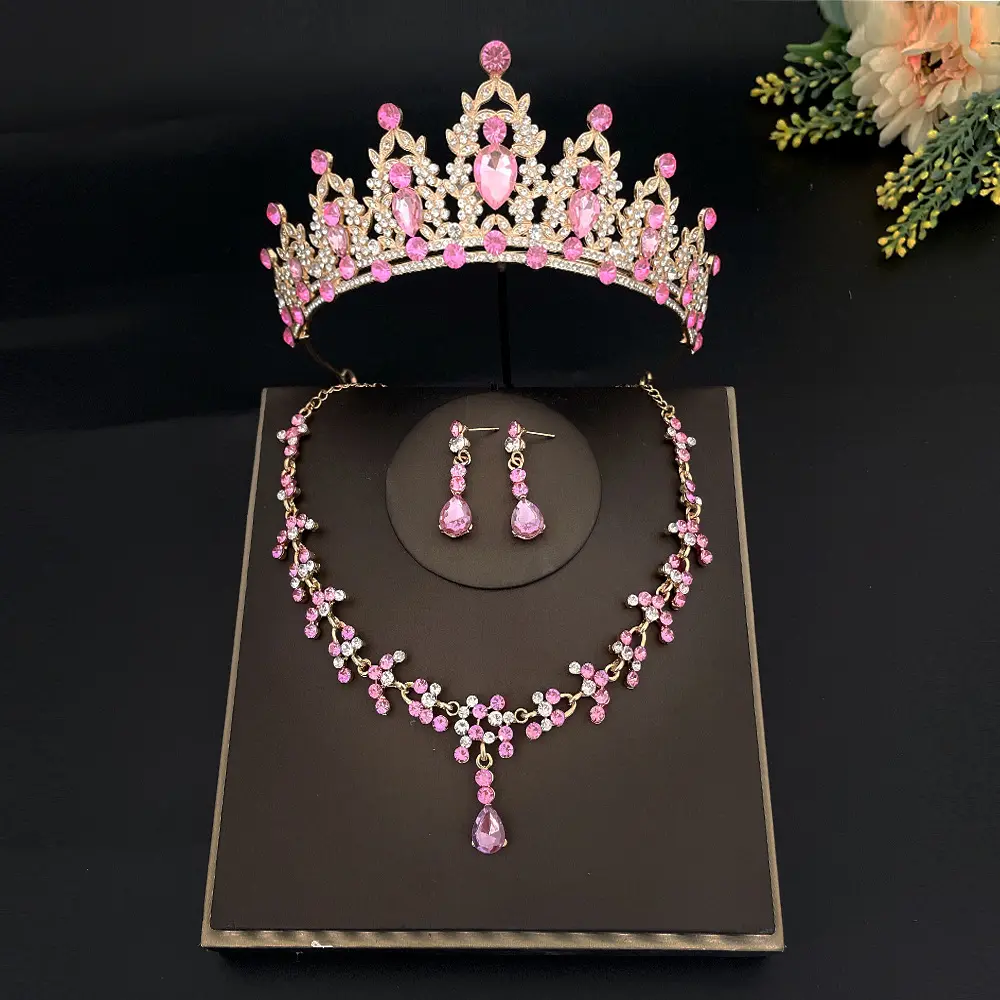 Bride Colorful Crystal Wedding Tiara Three-Piece Bridal Necklaces Earrings Rhinestone Jewelry Sets