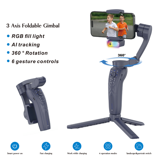 Hot Sale Mobile Phone Gimbal Stabilizer 3- AI Tracking Light 360 Rotation Sport Mode