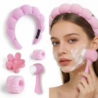 Paket Spa Awan 5in1 | Headband Empuk, Gelang Tangan Penyerap, Sikat Pembersih Silikon & Bulu Ganda, Jepit Rambut Bunga untuk Mencuci Muka