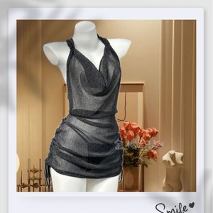 Silver <b>Glitter</b> <b>Mesh</b> Halter Bodycon <b>Dress</b> Sheer Layer Translucent Club <b>Dress</b> Adult Size Natural Waistline - Product Image 5