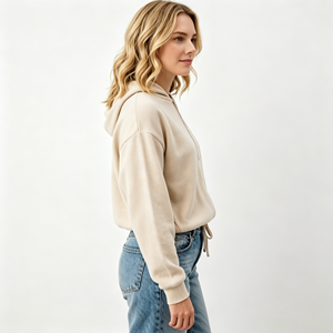 Sweat-shirt à <span class=keywords><strong>capuche</strong></span> zippé <span class=keywords><strong>beige</strong></span> pour femme en polaire douce, décontracté, à manches longues, avec cordon de serrage réglable, idéal pour le printemps et l'automne - Product Image 2