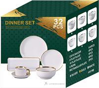 Service de table en céramique à rayures verticales gaufrées avec bord doré, 32 pièces, vaisselle en porcelaine de haute qualité, sans danger pour les aliments, logo et emballage personnalisés