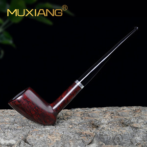 Muxiang Tobacco Pipe Italian Briarwood Bent Shape Silver Ring Long Stem Acorn Design - Product Image 4