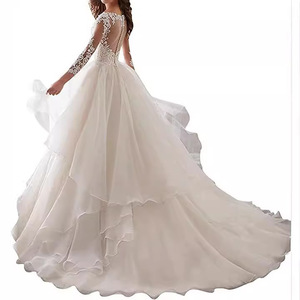 Wedding Dress Ball Gown V-Neck Long Sleeve Backless Princess Waist <b>Floor</b> Length Trail Style For Women - Product Image 1