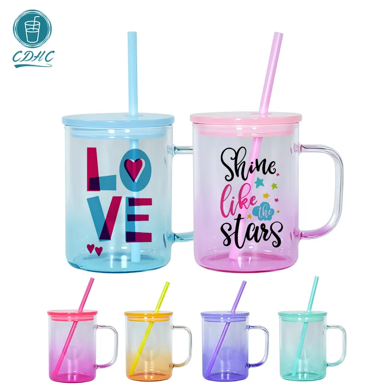 17OZ Graduately Colorful Sublimation Glass Mug With Handle and Rainbow Lids Mason Jar Coffee Mugs