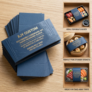 Manchons d'emballage en carton écologique personnalisés XJY, papier artistique, revêtement brillant, estampage à <span class=keywords><strong>chaud</strong></span>, bandeaux UV, gaufrage, <span class=keywords><strong>sushi</strong></span> - Product Image 1