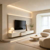 Mueble de TV de Pared Color Blanco Piedra con Base de Piedra y LED para Proyectos de Personalización de Salas de Estar Modernas y Lujosas