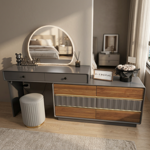 Modern Makeup Vanity Table with Lighted <b>Mirror</b> Wood <b>Panel</b> Storage Desk for Bedroom Furniture - Product Image 3