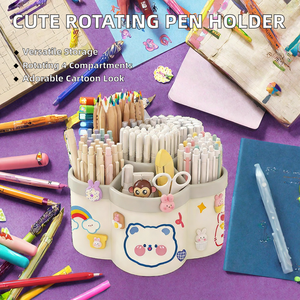 Organizador de Escritorio Redondo Giratorio, Multifuncional, con 4 Compartimentos, de Plástico, para Calendario, Bolígrafos y Otros Artículos, con Calcomanías de Dibujos Animados - Product Image 2