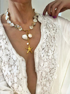 מירידיה 18 קראט זהב pvd קיץ מצופה זהב 18 קאראט צמוקים גדולים פגז פנינים נירוסטה שרשרת תכשיטים - Product Image 4