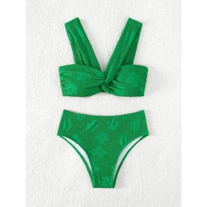 Maillot de bain deux pièces en tissu jacquard floral ondulé vert 2023, exportation européenne et américaine, style INS - Product Image 2