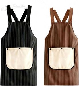 Delantal de camarero profesional impermeable con rayas y bolsillo grande en contraste, paquete de 2 delantales lavables para cafetería, bistro, restaurante - Product Image 1