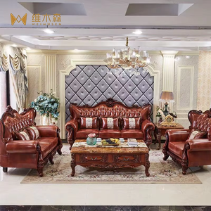 Divano Componibile in Vera Pelle di Lusso Stile Europeo, Intaglio su Due Lati in <span class=keywords><strong>Legno</strong></span> di Quercia Massiccio per <span class=keywords><strong>Soggiorno</strong></span> - Product Image 1