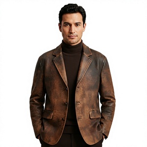 <b>Men's</b> Distressed Brown <b>Leather</b> <b>Blazer</b> Italian Style Single Breasted Notched Collar Regular Fit Outerwear - Product Image 1