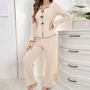 Ensemble de pyjama décontracté Maxfree pour femme, manches longues et pantalon, couleur unie avec nœud, vêtements de nuit automne-hiver, tenue d'intérieur - Product Image 1