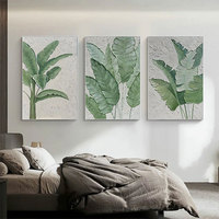 HAOWAI OEM/ODM Art mural vert minimaliste texturé triptyque feuille toile peinture feuille verte Wabi-sabi Art mural Boho décor affiche
